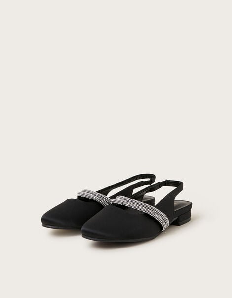 Diamante Strap Satin Slingback Flats, Black (BLACK), large