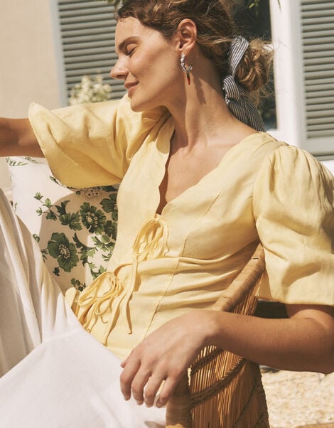 Willow Puff Sleeve Tie Front Top, Yellow (YELLOW), large