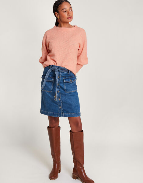 Denim Button Through Belted Skirt with Sustainable Cotton, Blue (INDIGO), large
