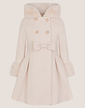 Faux Fur Hood Double Breasted Coat, Cream (CREAM), large