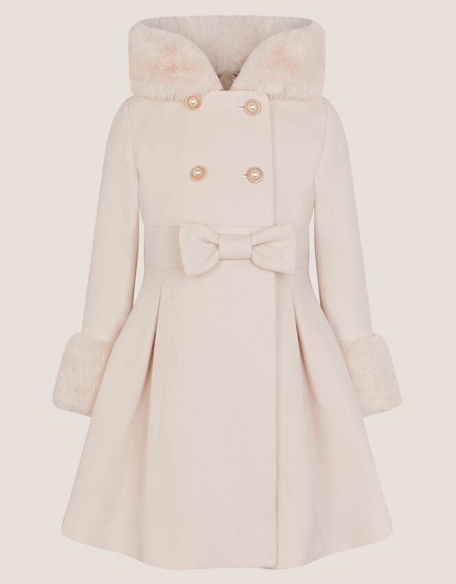 Faux Fur Hood Double Breasted Coat, Cream (CREAM), large