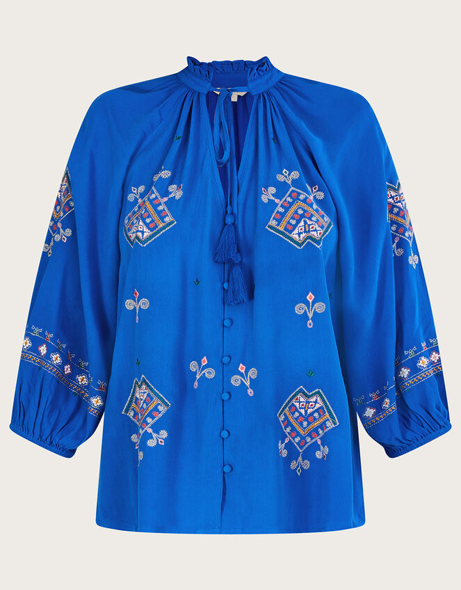 Iva Embroidered Blouse in Sustainable Viscose, Blue (BLUE), large