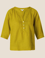 Linen Pintuck Blouse, Green (CHARTREUSE), large