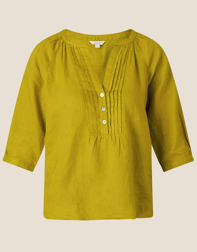 Linen Pintuck Blouse, Green (CHARTREUSE), large