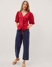 Willa Puff Sleeve Tie Front Top, Red (RED), large