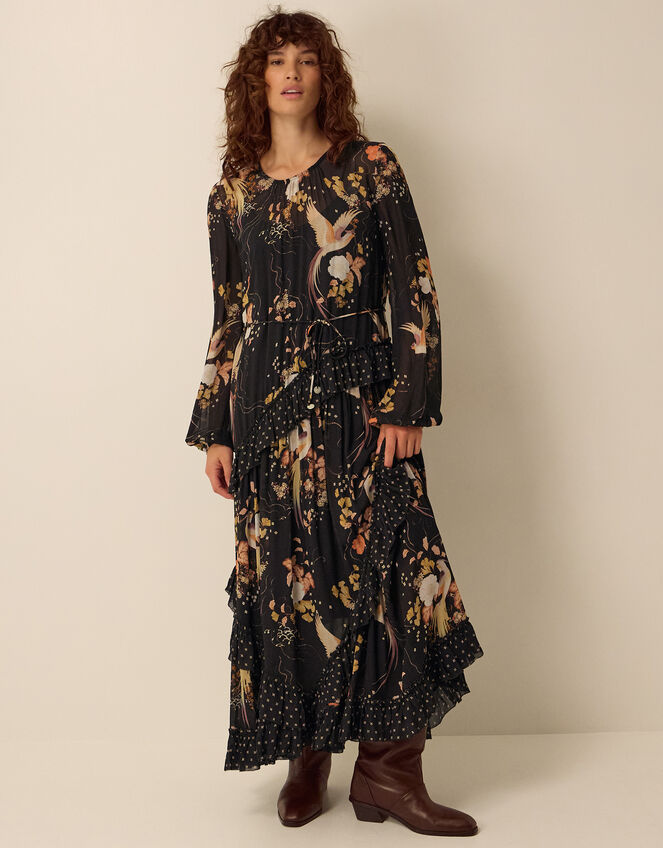 Clemence Margaux Long Sleeve Contrast Frill Floral Print Maxi Dress, Black (BLACK), large