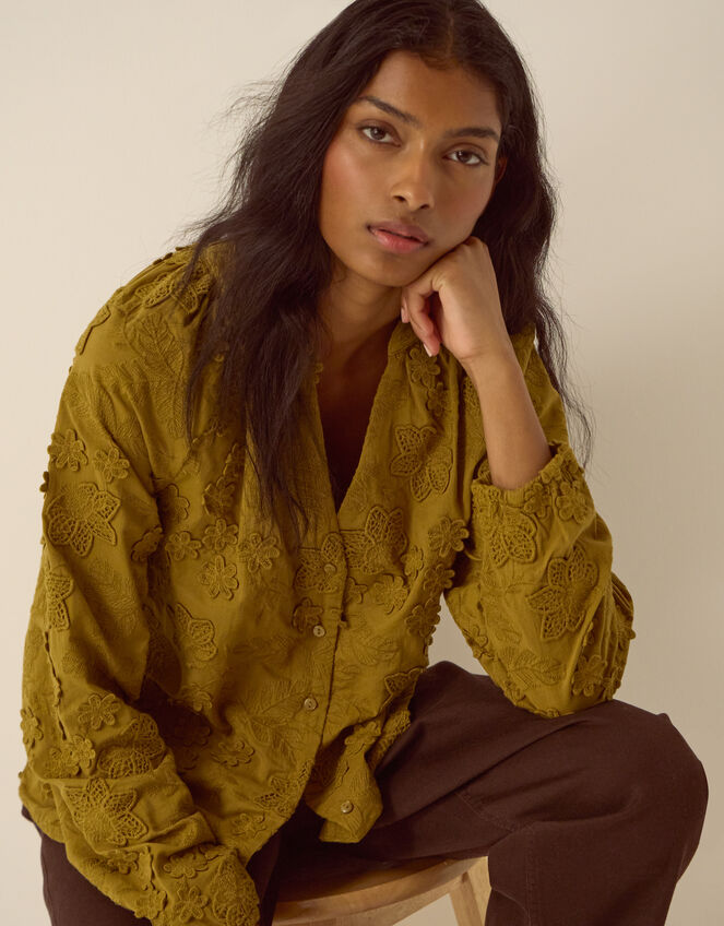 Luci Floral Embroidered Shirt, Green (KHAKI), large
