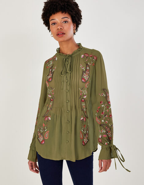 Grace Embroidered Long Sleeve Top Green, Green (KHAKI), large
