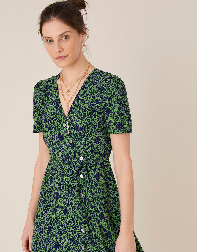 Printed Short Sleeve Wrap Dress, Green (GREEN), large