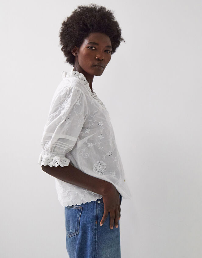 East Bria Broderie Puff Sleeve Top, White (WHITE), large