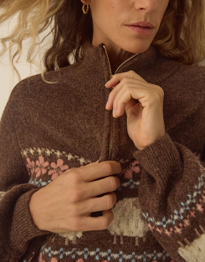 Shona Half Zip Sheep Jumper, Brown (CHOCOLATE), large