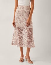 Alanna Sheer Appliqué Midi Skirt, Nude (NUDE), large