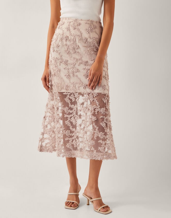 Alanna Sheer Appliqué Midi Skirt, Nude (NUDE), large