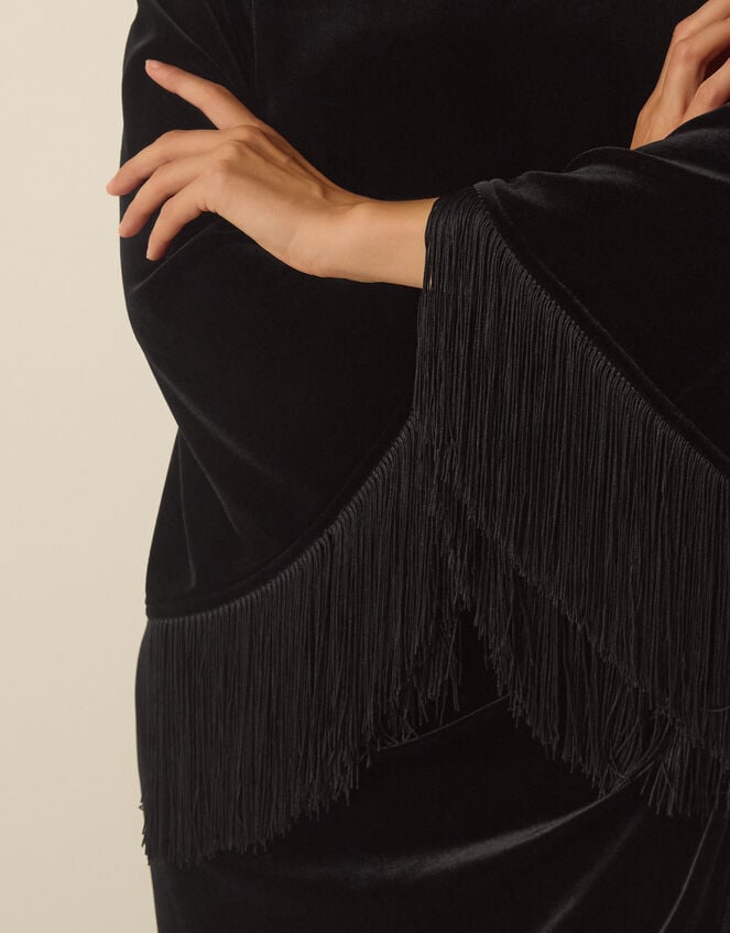 Tara Long Sleeve Fringe Velvet Midi Dress, Black (BLACK), large