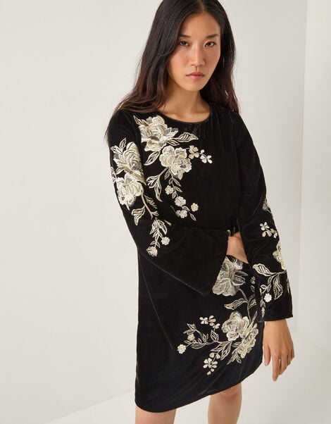 Fia Floral Embroidered Velvet Tunic Dress, Black (BLACK), large