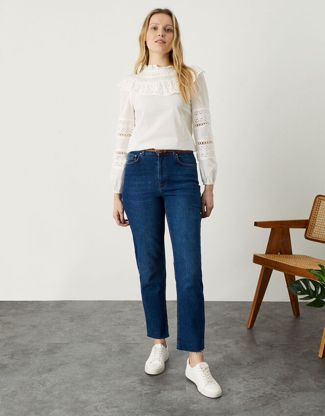 Bib Lace Long Sleeve Top in Sustainable Cotton, Ivory (IVORY), large