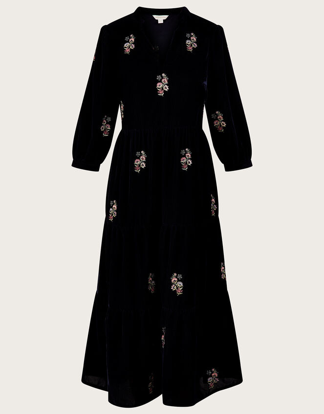 Amber Embroidered Tiered Velvet Dress, Blue (MIDNIGHT), large