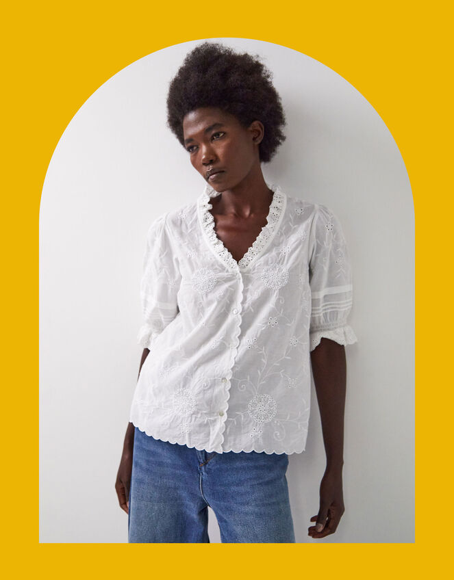 East Bria Broderie Puff Sleeve Top, White (WHITE), large