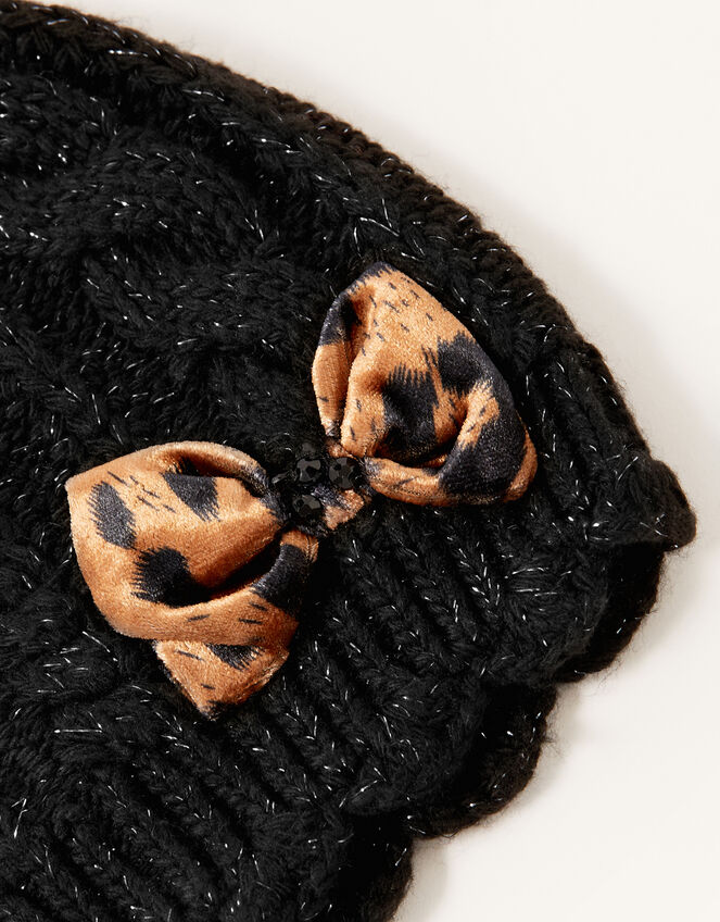 Leopard Bow Sparkle Beanie, Black (BLACK), large