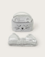 Faux Fur Fluffy Cat Toiletries Bag and Headband Set, , large