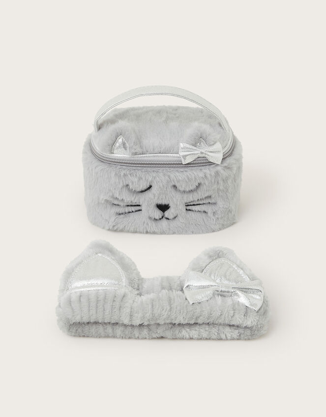 Faux Fur Fluffy Cat Toiletries Bag and Headband Set, , large