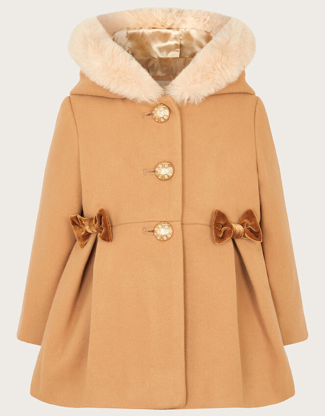 Baby Bow Faux Fur Hooded Coat, Camel (CAMEL), large