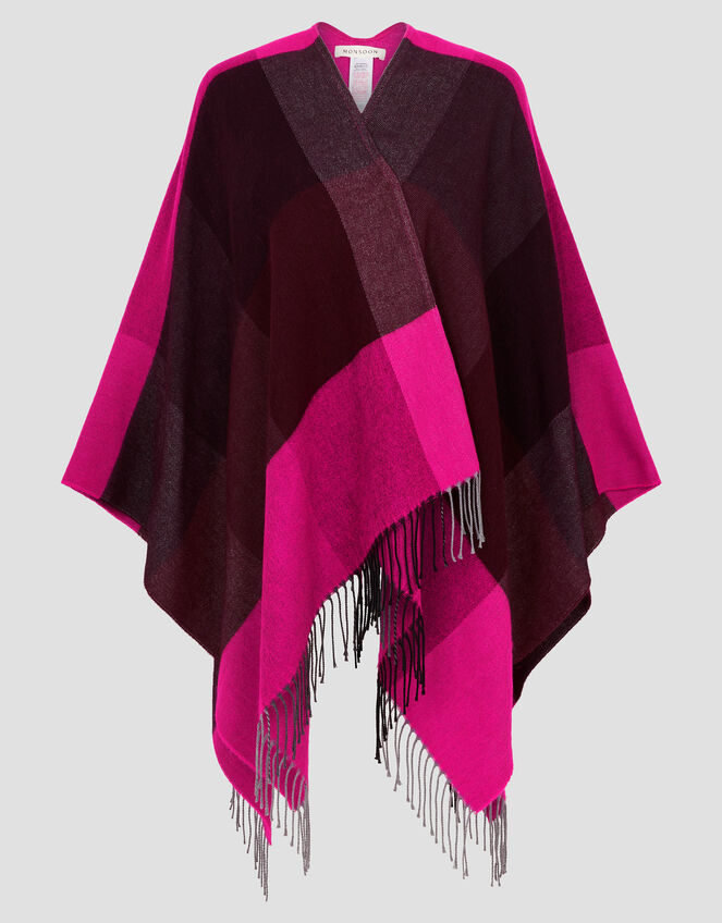 Willa Check Tassel Poncho, , large