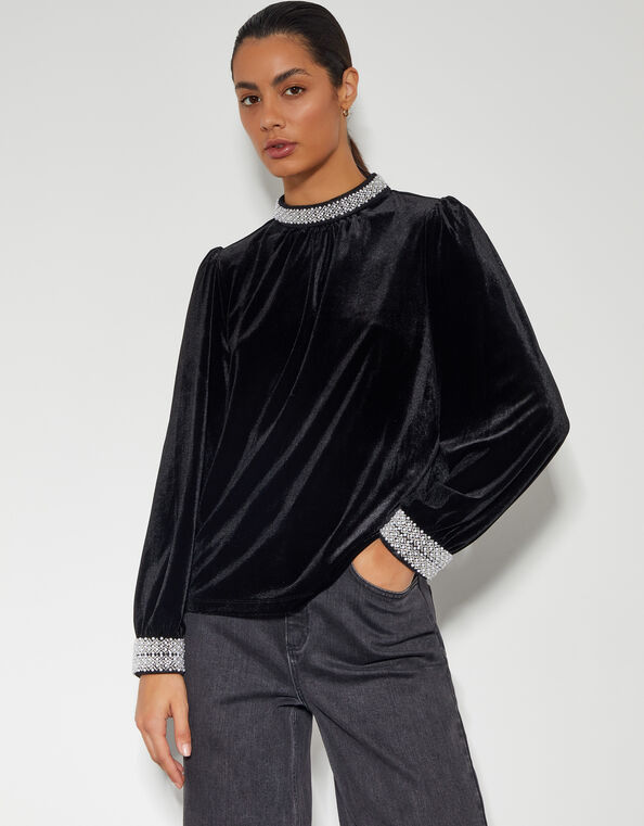 Tate Bead Trim Velvet Top, Black (BLACK), large