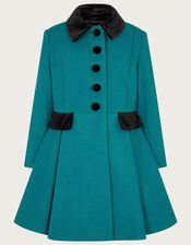 Velvet Trim Swing Coat, Teal (TEAL), large