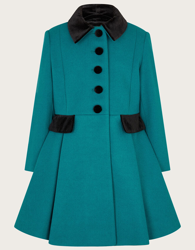 Velvet Trim Swing Coat, Teal (TEAL), large