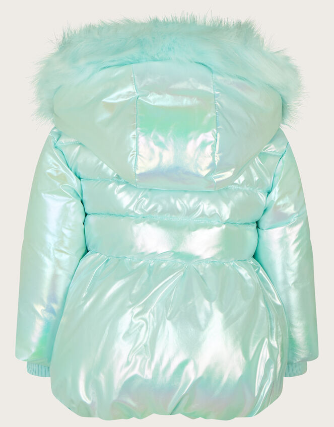 Baby Iridescent Padded Coat with Hood, Blue (AQUA), large