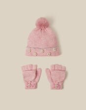 Scallop Beanie Hat & Fingerless Gloves Set, Pink (PINK), large