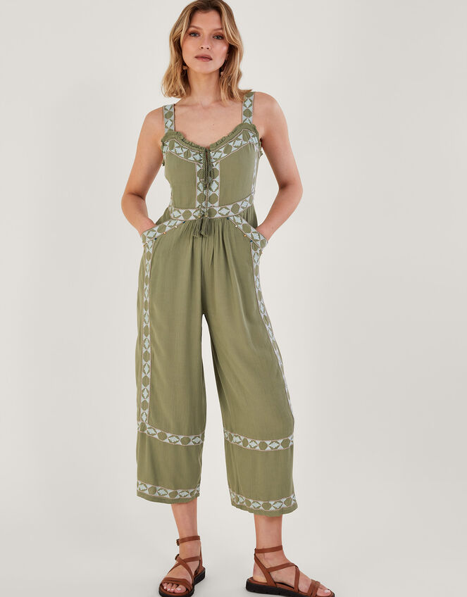 Embellished Aztec Maxi Jumpsuit, Green (KHAKI), large