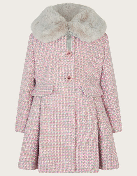 Tweed Faux Fur Collar Coat, Grey (GREY), large