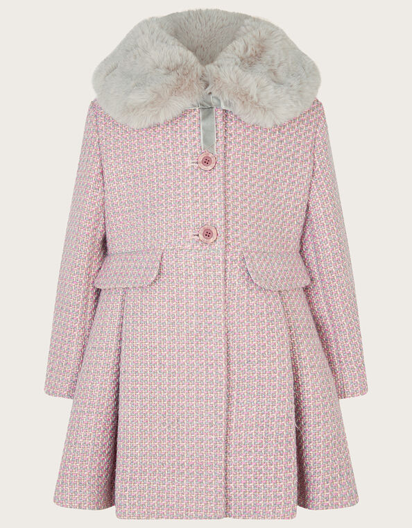 Tweed Faux Fur Collar Coat, Grey (GREY), large