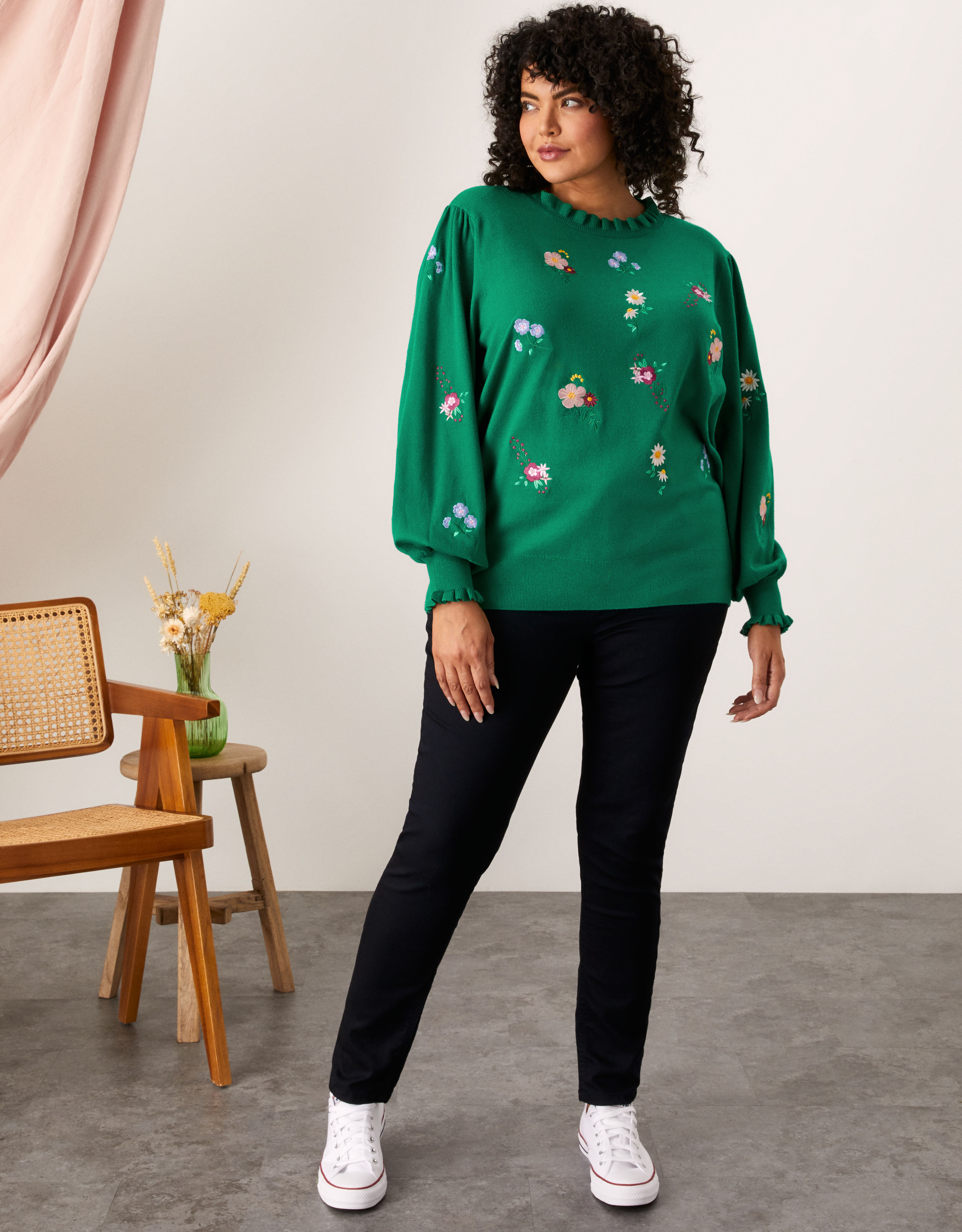 Floral Embroidered Frill Neck Jumper Green