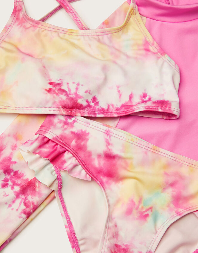 Tie Dye Long Sleeve Swim Top and Bikini Set, Pink (PINK), large