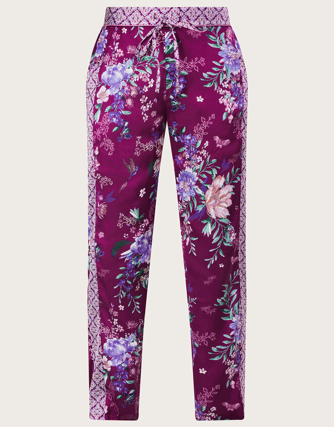Floral Print Satin Pyjama Trousers in Recycled Polyester, Red (BERRY), large