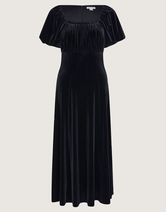 Cynthia Puff Sleeve Velvet Midi Dress, Black (BLACK), large
