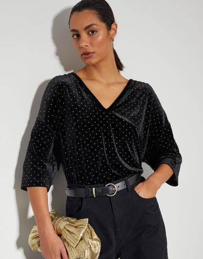 Nala Spot Velvet V-Neck Top, Black (BLACK), large