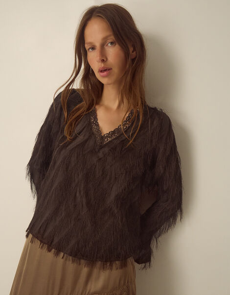 Tawn V-Neck Fringe Top, Brown (CHOCOLATE), large