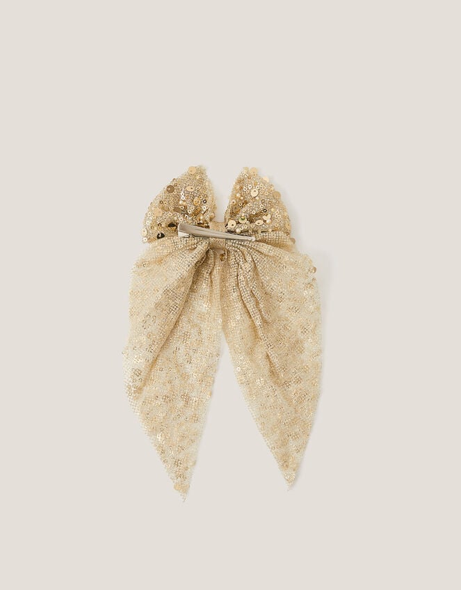 Long Sequin Bow Hair Clip, Gold (GOLD), large
