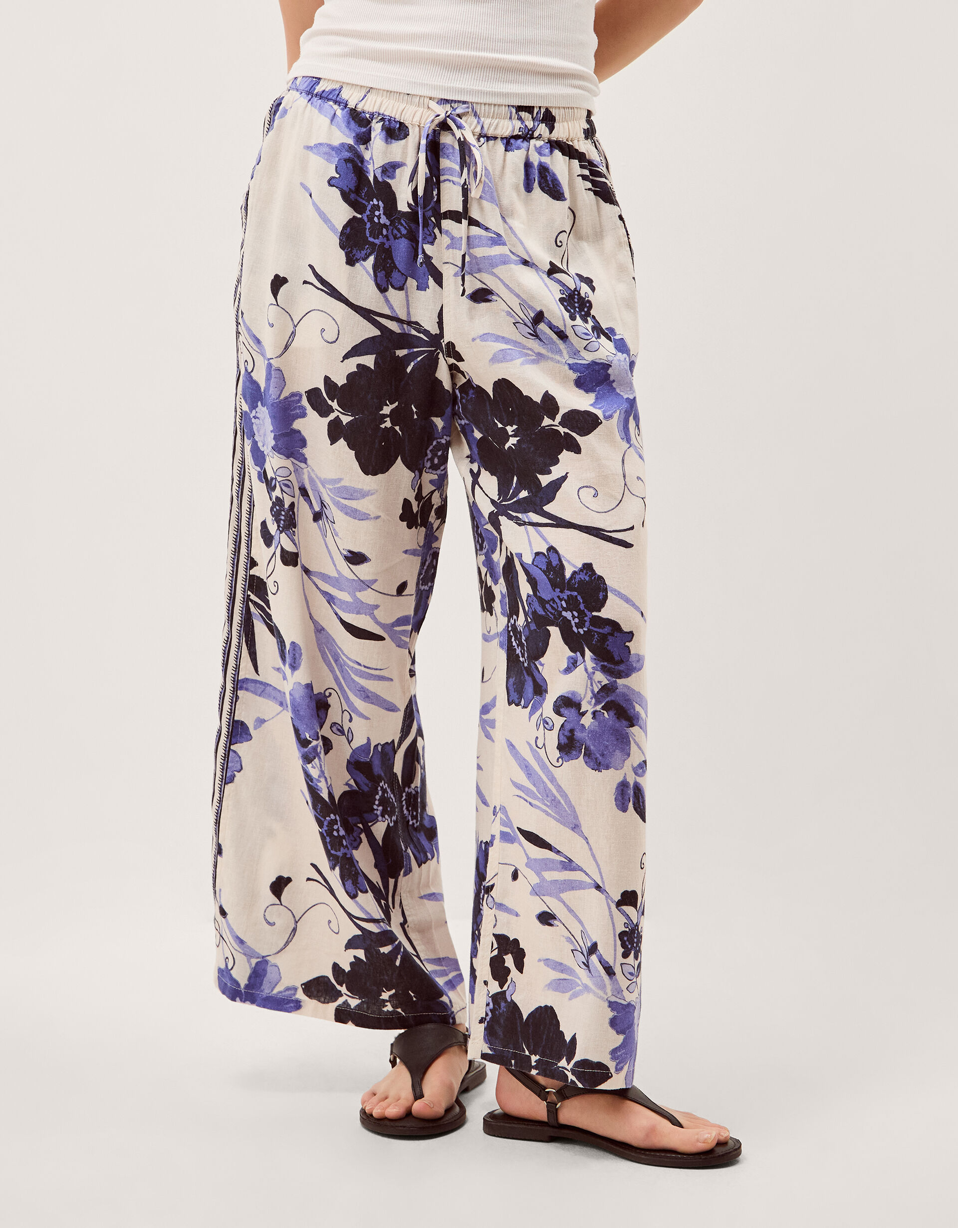 Nicolette Floral Linen Blend Wide Leg Pants Blue | Pants