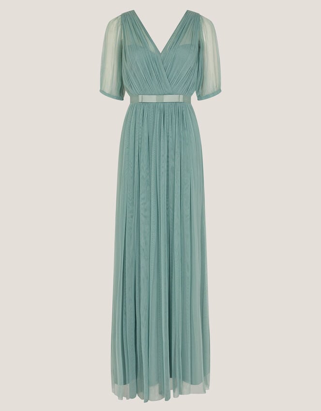 Ellie Sheer Sleeve Plunge Tulle Maxi Dress, Green (SAGE), large