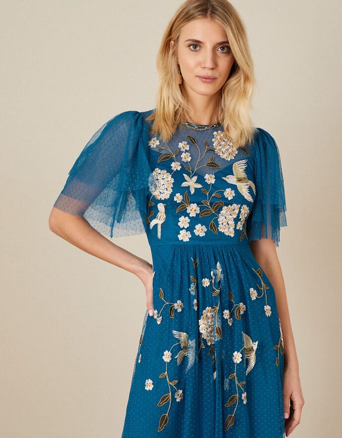 Bailee Embroidered Bird Dress Blue Evening Dresses Monsoon US.