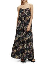 Scotch and Soda Print Tiered Maxi Dress Shorter Length, Black (BLACK), large