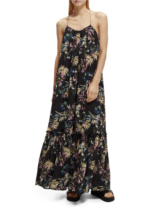 Scotch and Soda Print Tiered Maxi Dress Shorter Length, Black (BLACK), large