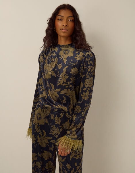 Princella Feather Sleeve Floral Velvet Top, Blue (NAVY), large