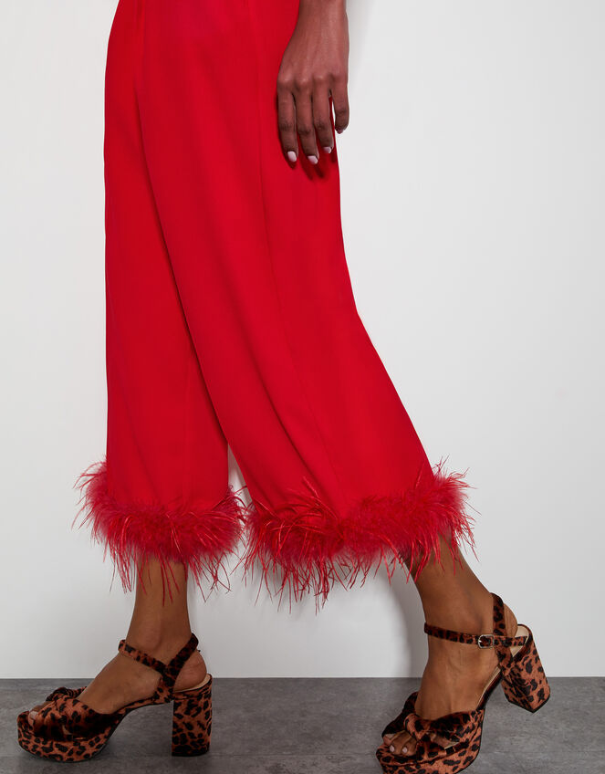 Monsoon x Sarah Corbett-Winder Feather Trim Cropped Trousers, Red (RED), large