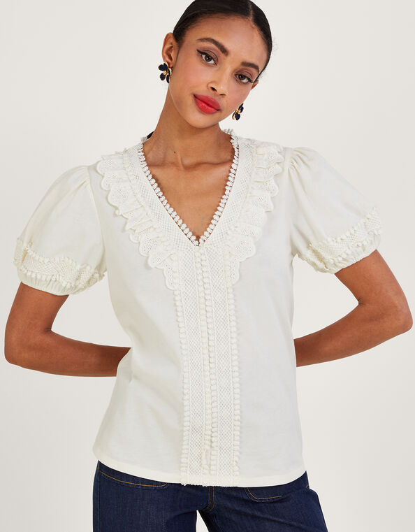 Crochet Lace Jersey Top Ivory, Ivory (IVORY), large
